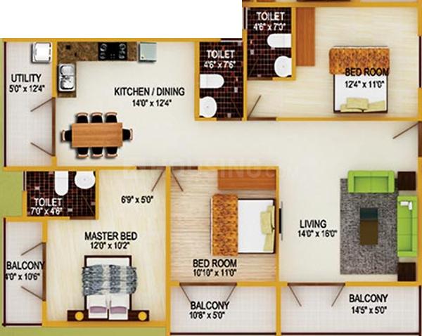 Floor Plan Floor Plan Image of 1154 Sq.ft 2 BHK Apartment for buy in Subramanyapura for 4616000