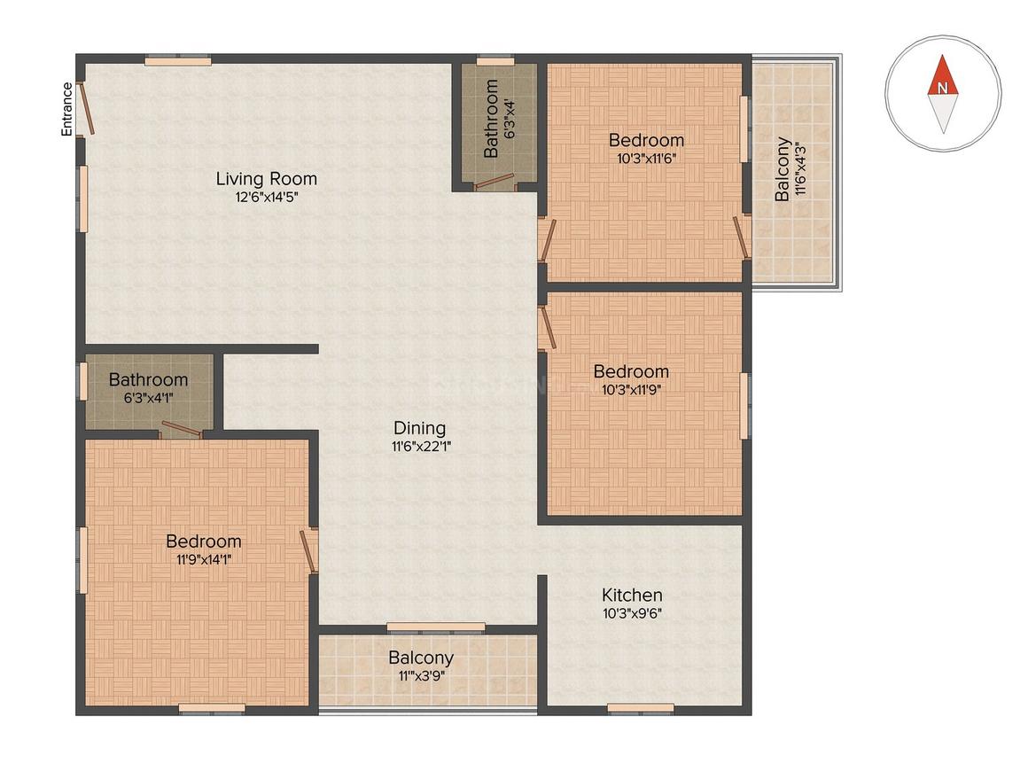 Floor Plan Floor Plan Image of 1340 Sq.ft 3 BHK Apartment for buy in Nagavara for 7400000