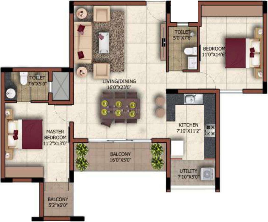 Floor Plan Floor Plan Image of 1232 Sq.ft 2 BHK Apartment for buy in Bagalakunte for 5500000