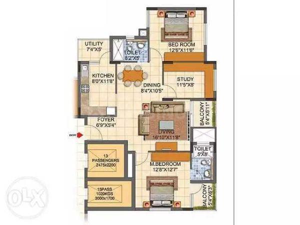 Floor Plan Floor Plan Image of 1355 Sq.ft 3 BHK Apartment for buy in Kadugodi for 9000000