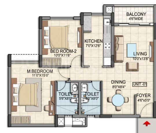 Floor Plan Floor Plan Image of 1070 Sq.ft 2 BHK Apartment for buy in Kadugodi for 5500000