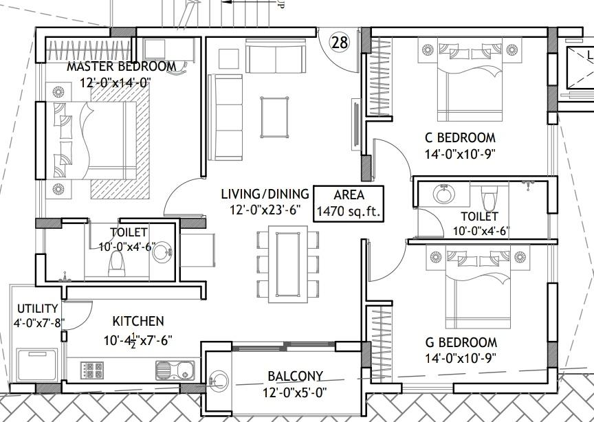 Floor Plan Floor Plan Image of 1470 Sq.ft 3 BHK Apartment for buy in Puppalaguda for 6920000
